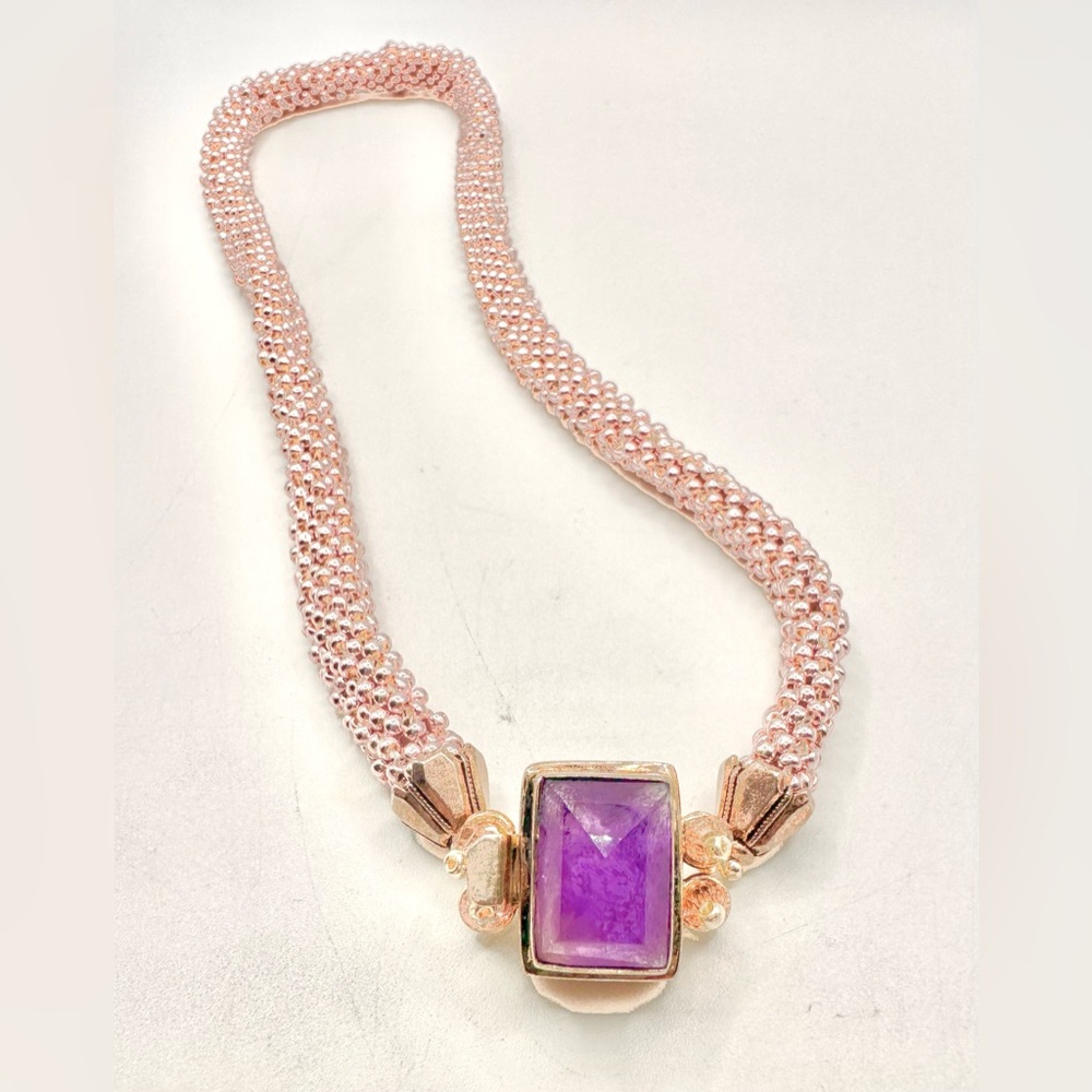 New Large Beautiful Amethyst Stone on 925 Silver w/Pink Beads Choker Necklace.